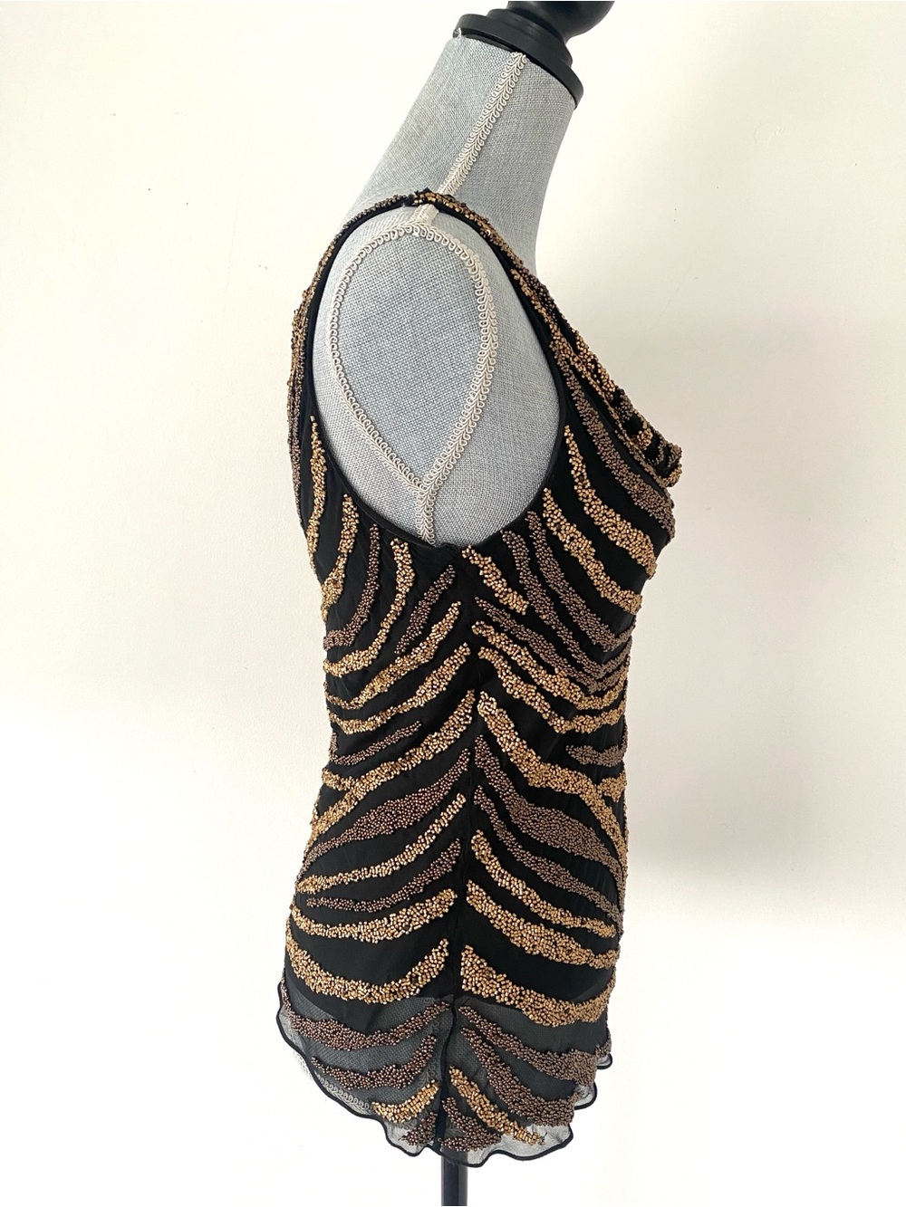 VTG Cache Black & Metallic Gold Fully Beaded Animal Print Sleeveless Blouse Sz S - Picture 5 of 12